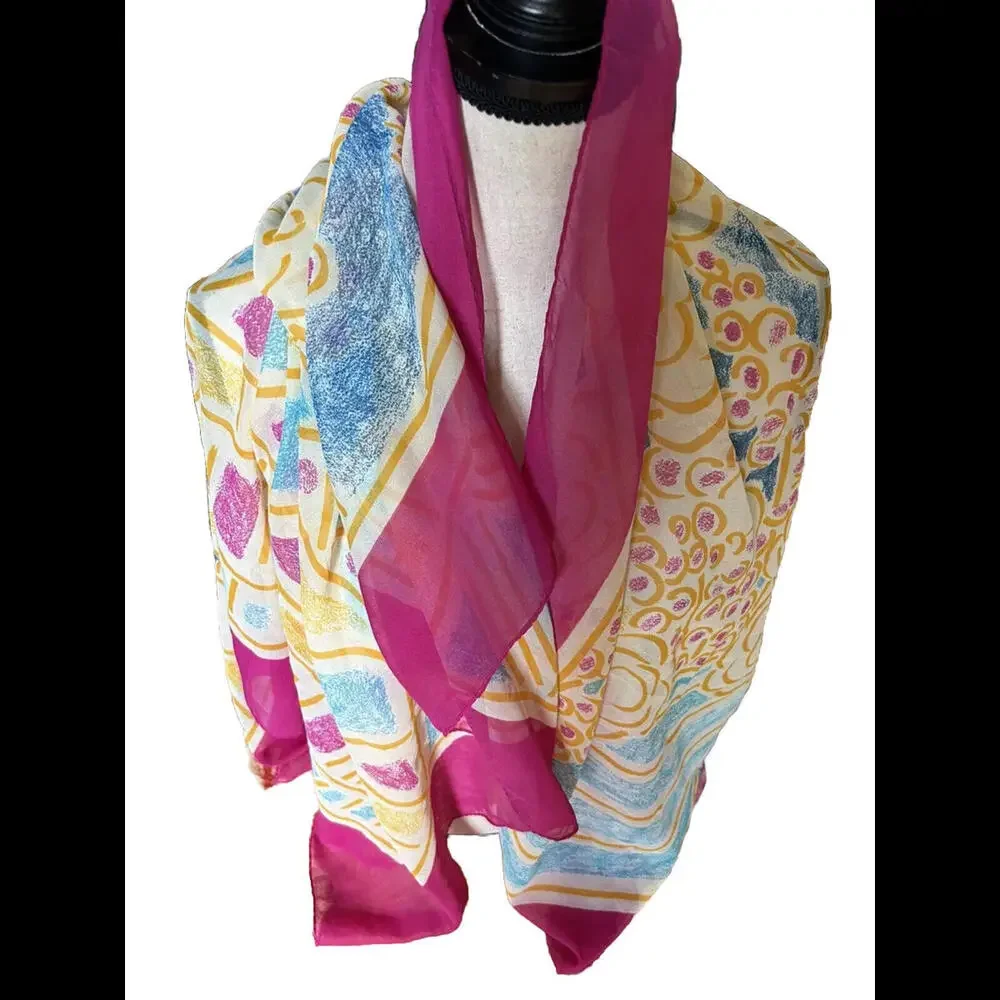 🥻Pretty Patterned White Pink Blue Square Scarf